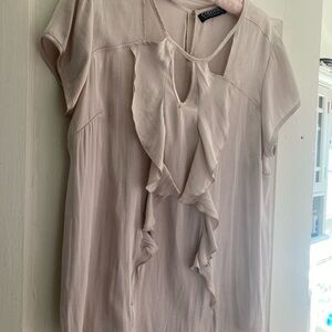Context taupe colored ruffled silky top (Large)
